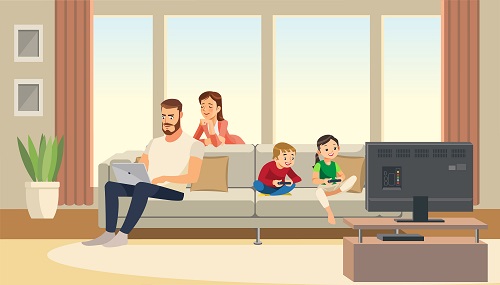 cartoon family sitting on the couch inside a home