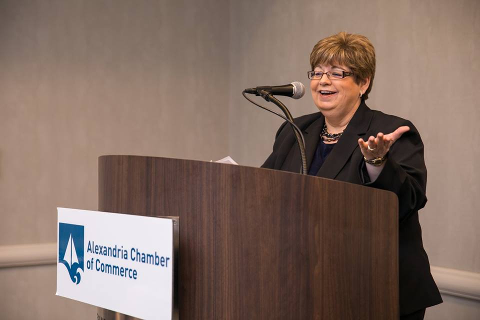 Virginia Kinneman at the podium for the 2018 The Alexandria Chamber of Commerce Valor awards