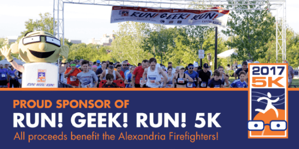 Several people at the start of a 5K run, text Proud sponsor of Run! Geek! Run! 5K All proceeds benefit the Alexandria Firefighters! at the bottom of the image
