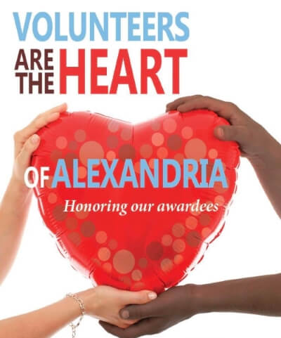 Volunteers are the heart of Alexandria honoring our awardees text over a photo of two peoples arms holding a heart baloon