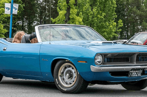 blue classic convertible car with historic plates