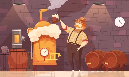 cartoon brewery with man holding a beer