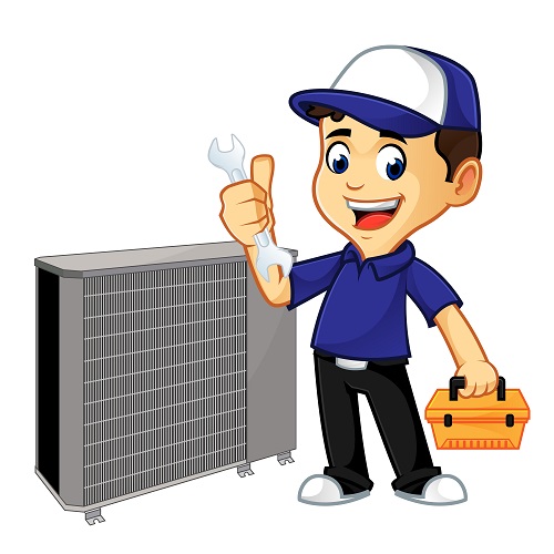 cartoon man working on air conditioner with wrench in hand