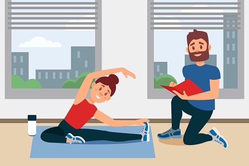 cartoon personal trainer working with client