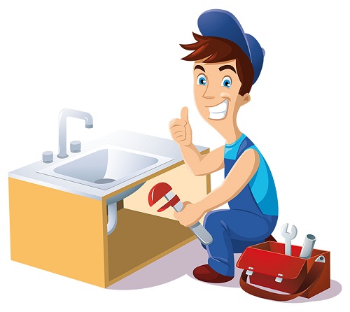 cartoon plumber working on a sink