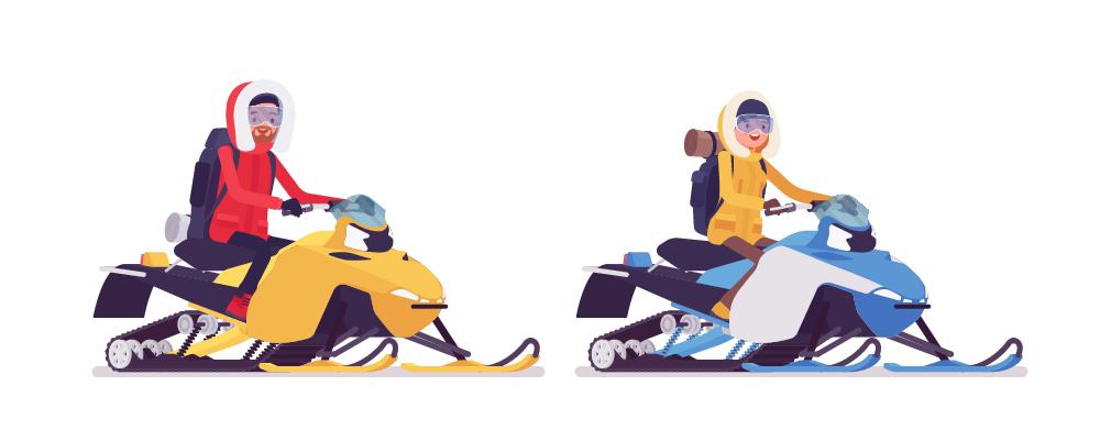 2 people riding on a snowmobile