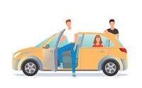 cartoon people surrounding a yellow car