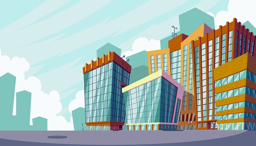Multi-purpose buildings over a city skyline